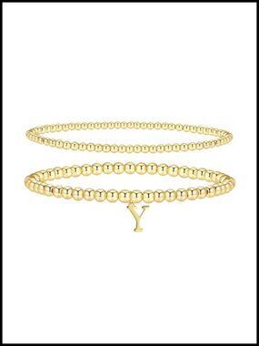 14k Gold Plated Initial Beaded Bracelet Set, Stackable Stretch Bracelets for